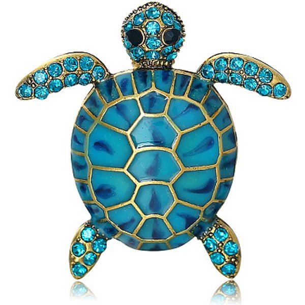 Antique Golden Alloy Brooches, with Rhinestone, Tortoise Enamel Pins, Dark Turquoise, 34x33mm