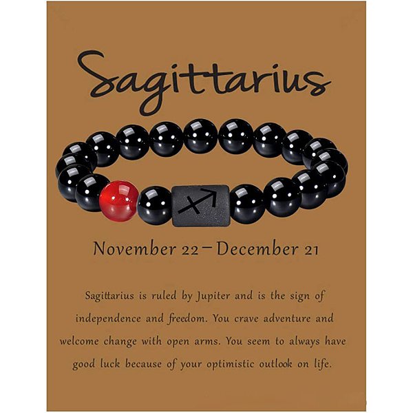 12 Constellation Natural Round Carnelian Beads Stretch Bracelets, with Black Agate Round Beaded, Sagittarius, 1/4x2-3/8 inch(0.8x6cm)