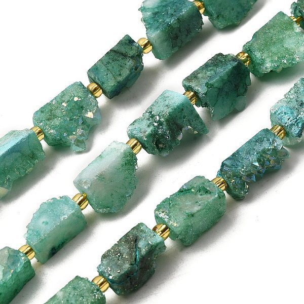 Electroplated Natural Druzy Agate Beads Strands, Rectangle, With Seed Beads, Sea Green, 15-16.5X7.5-9.5X7.5-12Mm, Hole: 1Mm, About 10Pcs/Strand, 7.36''-7.48''(18.7-19Cm)-image