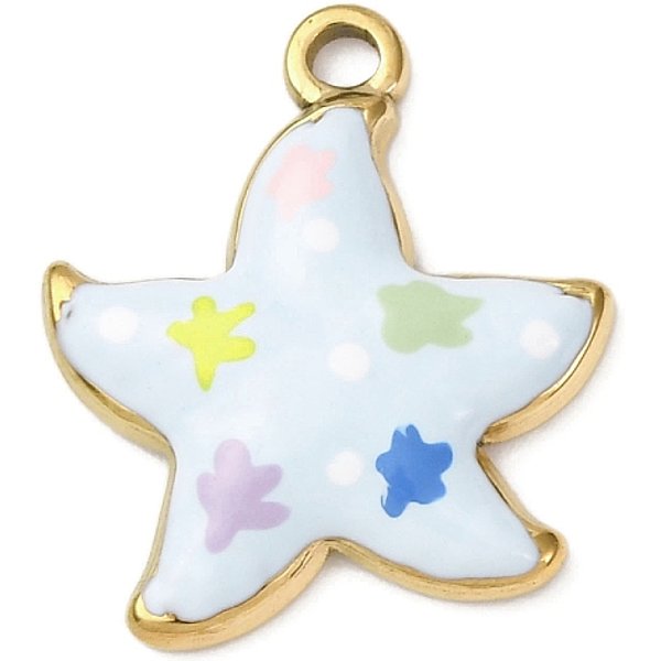 304 Stainless Steel Pendants, with Enamel, Ocean Themes, Real 18K Gold Plated, Ion Plating(IP), Cadmium Free & Nickel Free & Lead Free, Starfish, 16.5x15x2.8mm, Hole: 1.5mm