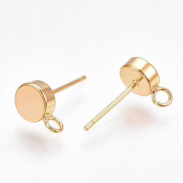 Brass Stud Earring Findings, With Loop, Flat Round, Nickel Free, Real 18K Gold Plated, 9X6Mm, Hole: 1.8Mm, Pin: 0.8Mm-image