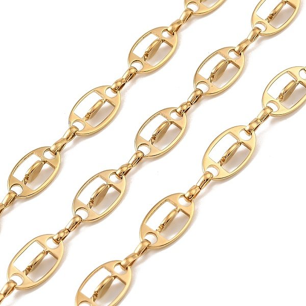 304 Stainless Steel Oval Link Chains, Ion Plating(Ip), Unwelded, With Spool, Real 18K Gold Plated, Link: 14X7.5X4.5Mm And 8X2.8X1.5Mm, About 16.40 Feet(5M)/Roll-image