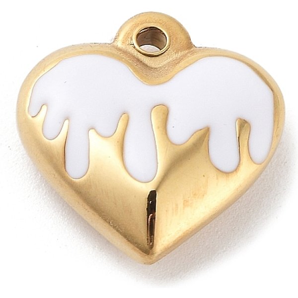 Pendentifs En Acier Inoxydable 304, Avec L'éMail, Or, Breloque Coeur, Blanc, 17X16.5X5.5Mm, Trou: 1.7Mm-image