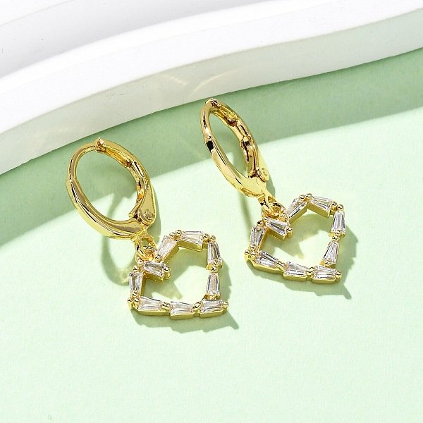 Boucles D'oreilles CréOles En Laiton Avec Micro Pavé De Zircons Cubiques Transparents En Forme De CœUr, VéRitable 16K Plaqué Or, 25X12Mm-image