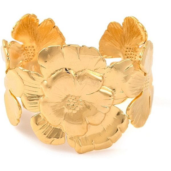 Bracelets Manchettes Ouverts En Acier Inoxydable 304 Pour Femmes, VéRitable 18K Plaqué Or, Fleur, DiamèTre IntéRieur: 2-1/8 Pouce (5.3 Cm), 42Mm-image