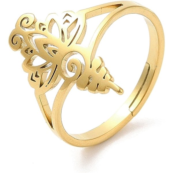 Bagues en acier inoxydable 304 avec placage ionique (IP), bague réglable fleur creuse pour femme, véritable 18k plaqué or, diamètre intérieur: 16.5 mm