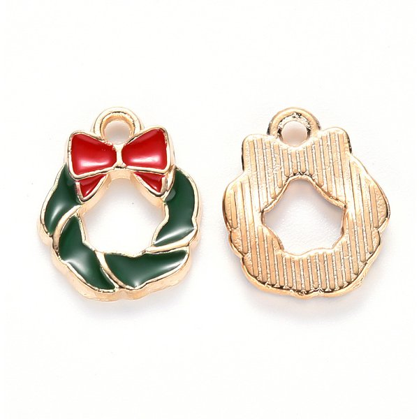 Alloy Enamel Charms, for Christmas, Christmas Wreath with Bowknot, Light Gold, Dark Green, 15x12x2mm, Hole: 1.8mm