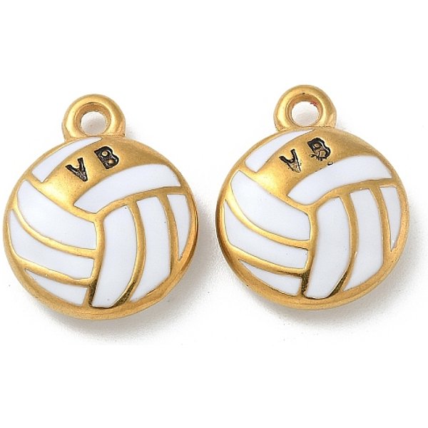 Ion Plating(Ip) 304 Stainless Steel Pendants, With Enamel, Real 18K Gold Plated, Volleyball Charm, White, 17X14X4Mm, Hole: 1.6Mm-image