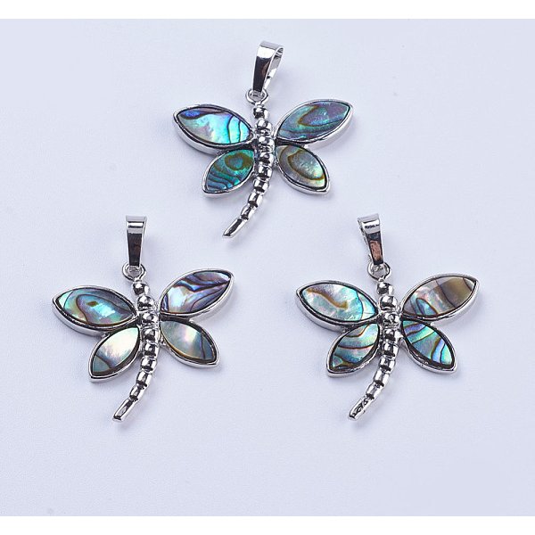 Abalone Shell/Paua Shell Pendants, With Platinum Tone Brass Bail, Dragonfly, 28X29X4Mm, Hole: 5X8Mm-image