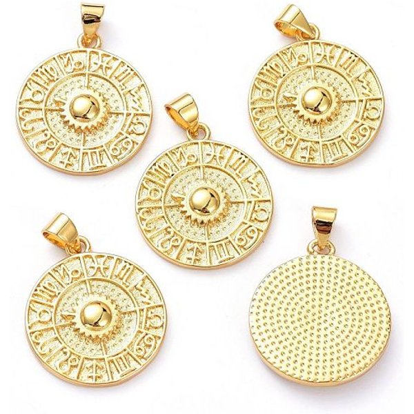 Messing Anhänger & Charms, langlebig plattiert, flach rund mit zwölf Konstellationen / Sternbild, echtes 18k vergoldet, 23x19.5x1.5 mm, Bohrung: 5x3 mm
