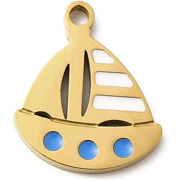 Ciondoli In Acciaio Inossidabile Smaltato 304, Placcatura Ionica (Ip), Fascino Della Barca A Vela, Vero Placcato Oro 18K, Bianco, 14X12X1.5Mm, Foro: 1.5 Mm-image