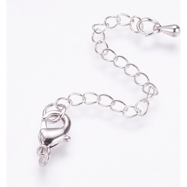 Long-Lasting Plated Brass Chain Extender, With Lobster Claw Clasps And Bead Tips, Real Platinum Plated, Clasp: 12X7X3Mm, Hole: 3.5Mm, Extend Chain: 65Mm, Ring: 5X1Mm-image
