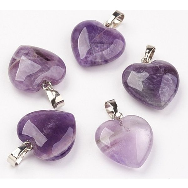 NatüRlichen Amethyst EdelsteinanhäNger, Herz, Mit Messing-ZubehöR, Platin Farbe, 22-23X20-20.5X6-7.5 Mm, Bohrung: 5X8 Mm-image