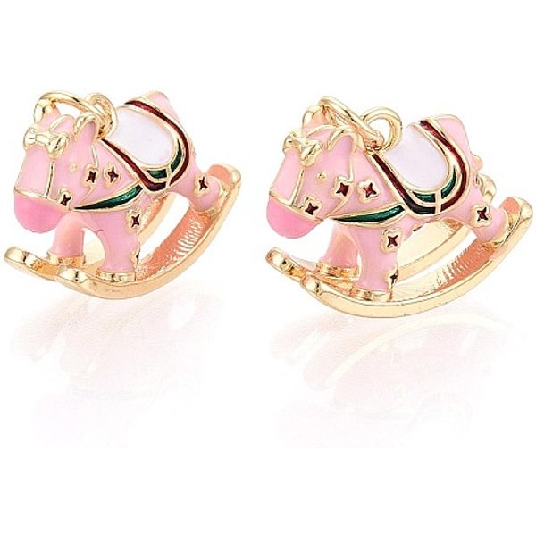 Messing Emaille-AnhäNger, Steckenpferd, Mit Sprungring, Echtes 18K Vergoldet, Rosa, 14X17.5X7.5 Mm, Bohrung: 3 Mm-image