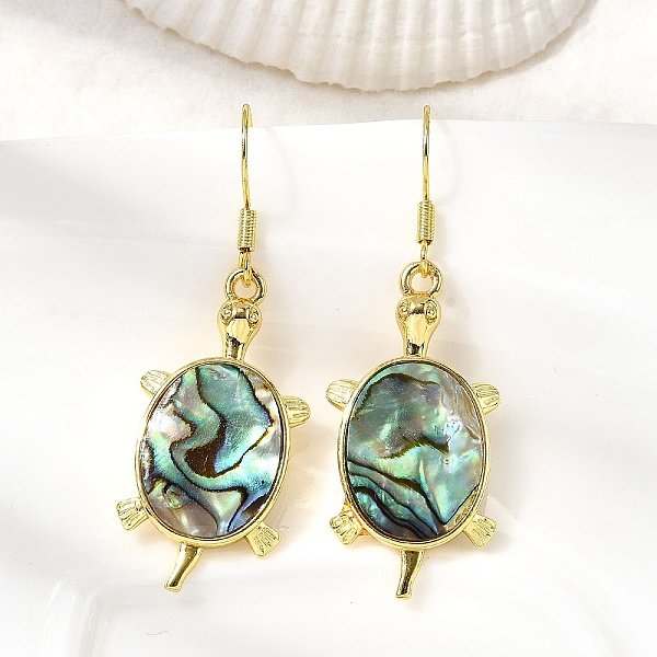 Brass Natural Paua Shell Dangle Earrings, Long-Lasting Plated, Rack Plating, Real 18K Gold Plated, Tortoise, 47.5x15.5mm