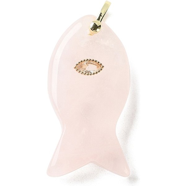 Natural Rose Quartz Pendants, Fish Charms With Brass Micro Pave Clear Cubic Zirconia Findings, Golden, 39.5-40X20-20.5X8.5Mm, Hole: 4X4.5Mm-image