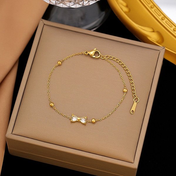 304 Stainless Steel Pave Clear Cubic Zirconia Bowknot Link Bracelets For Women, Golden, 5-7/8 Inch(15Cm)-image
