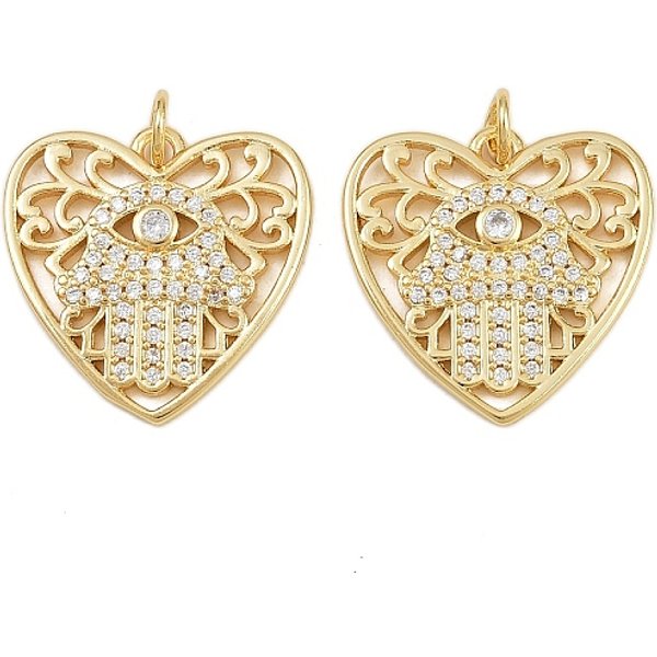 Messing Mikro Ebnen Zirkonia AnhäNger, Herz Mit Hamsa Hand, Echtes 16K Vergoldet, 19.5X20X2 Mm, Bohrung: 3.3 Mm-image