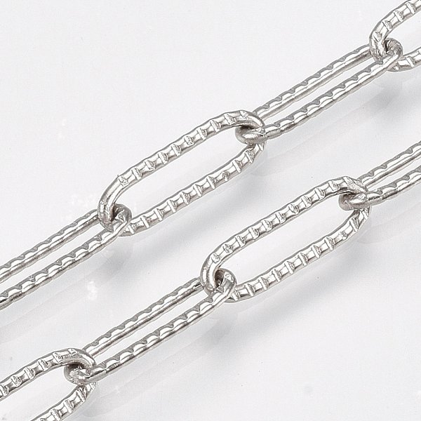 Non-Tarnish 304 Stainless Steel Paperclip Chains, Drawn Elongated Cable Chains, Soldered, Textured, Stainless Steel Color, 12.5X4X1Mm-image