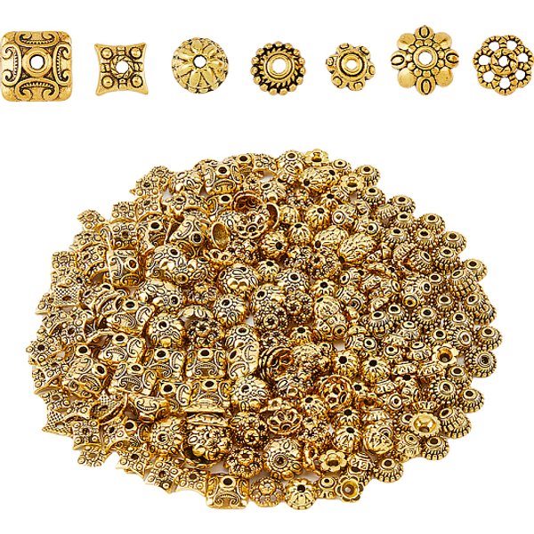 420Pcs 7 Styles Tibetan Style Bead Caps, Mixed Shapes, Antique Golden, 7-10X2.5-5Mm, Hole: 1-2Mm, 60Pcs/Style-image