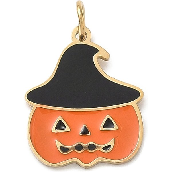 Breloques En Acier Inoxydable 304 éMailléEs Sur Le ThèMe D'halloween, Or, Avec Anneau De Jonction, Citrouille, 12X10X1Mm, Trou: 2.5Mm-image