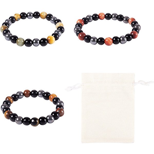 8 Mm Runde, NatüRliche Tigerauge- & Schwarzer Onyx- & Schwarzer Obsidian- & Synthetische, Nicht Magnetische HäMatit-Perlen-StretcharmbäNder FüR Frauen Und MäNner, 8 Mm-image