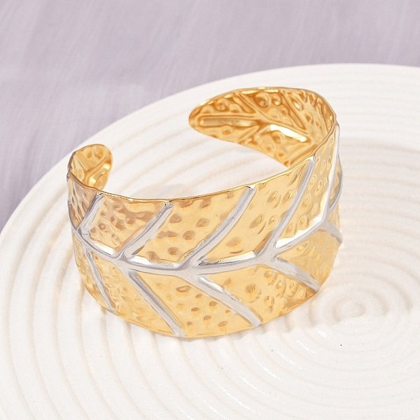 Bracelets Manchettes En Acier Inoxydable 304 Pour Femmes, Feuille, Placage Ionique (Ip), Or Et Acier Inoxydable Couleur, 1-3/8 Pouce (3.6 Cm), DiamèTre IntéRieur: 2-1/4 Pouce (5.7 Cm)-image