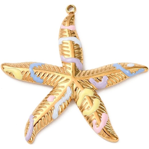 304 Stainless Steel Pendants, with Enamel, Ocean Themes, Real 18K Gold Plated, Ion Plating(IP), Cadmium Free & Nickel Free & Lead Free, Starfish, 33.5x33.5x2.8mm, Hole: 1.5mm