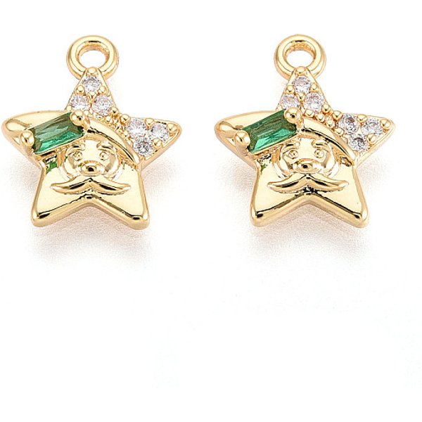 Brass Micro Pave Cubic Zirconia Charms, Star, Long-Lasting Plated, Nickel Free, Real 18K Gold Plated, Green, 12.5X10.5X4Mm, Hole: 1.4Mm-image
