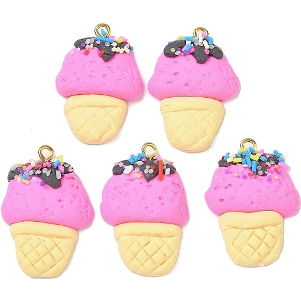 Pendentifs en pâte polymère manuels, avec boucles en fer, crème glacée, fuchsia, 31-32x20.5-22x5-5.5mm, Trou: 2mm