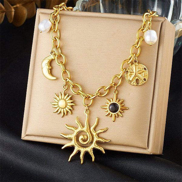 Collares Colgantes De Sol Con Perla De PláStico Y Resina De Acero Inoxidable 304, Dorado, 16.14 Pulgada (41 Cm)-image