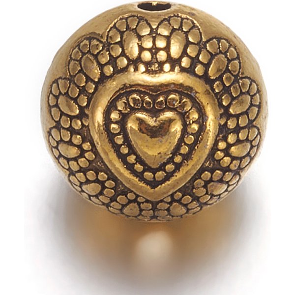 Perles En Alliage De Style TibéTain, Sans Plomb Et Sans Cadmium, Ronde Avec Le Coeur, Or Antique, Environ 10 Mm De DiamèTre, éPaisseur De 8Mm, Trou: 1.5Mm-image
