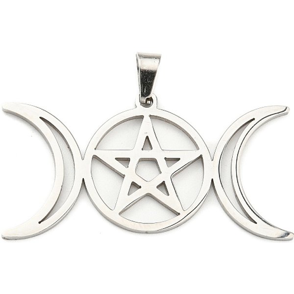 Pendenti In Acciaio Inossidabile 304 Anti-Ossidazione, Ciondolo Pentagramma Tripla Luna, Colore Acciaio Inossidabile, 19.5X36.5X1Mm, Foro: 5X3 Mm-image