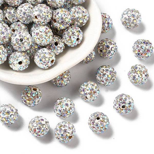 Pave Disco Ball Beads, Polymer Clay Rhinestone Beads, Grade A, Round, Crystal AB, Rhinestone: PP13(1.9-2mm), 6 Rows Rhinestone, 10mm, Hole: 1.5mm