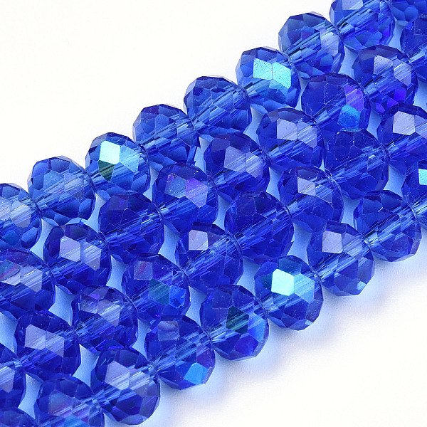 Galvanisieren Glasperlen, Halb Regenbogen Plattiert, Facettiert, Rondell, Mittelblau, 4X3 Mm, Bohrung: 0.4 Mm, Ca. 123-127 Stk. / Strang, 16.5-16.9 Zoll (42-43 Cm)-image