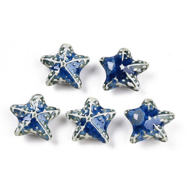 Abalorios de porcelana hechas a mano, fantasía antigua porcelana esmaltada, cuentas de cerámica de estrella de mar, azul real, 18.5-20.5x21-22x8.5-10mm, agujero: 1.8-2.5 mm