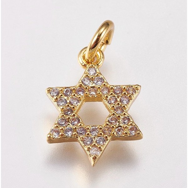 Brass Micro Pave Cubic Zirconia Charms, For Jewish, Star Of David, Golden, 13.5X10X2Mm, Hole: 3Mm-image