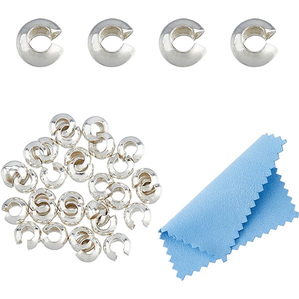 30 Pz. 925 Perline Di Chiusura In Argento Sterling, Con 1 Panno Per Lucidare Argento Quadrato In Tessuto Scamosciato, Argento, 3X4X2Mm-image