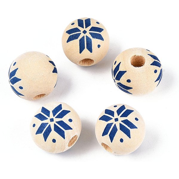 Christmas Spray Painted Schima Wood Beads, Round with Snowflake Pattern, Printed Beads, Marine Blue, 15.5-16x15mm, Hole: 4-5mm