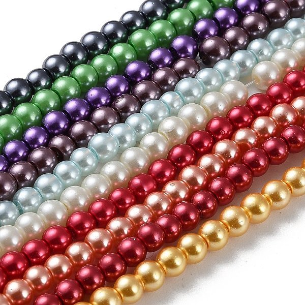 Glass Pearl Beads Strands, Round, Mixed Color, 4Mm, Hole: 0.5Mm, About 215Pcs/Strand, 32 Inch/Strand-image