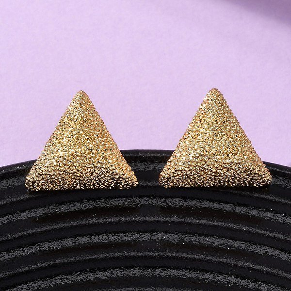 Brass Textured Stud Earrings, Nickel Free, Real 18K Gold Plated, Triangle, 14X16Mm-image