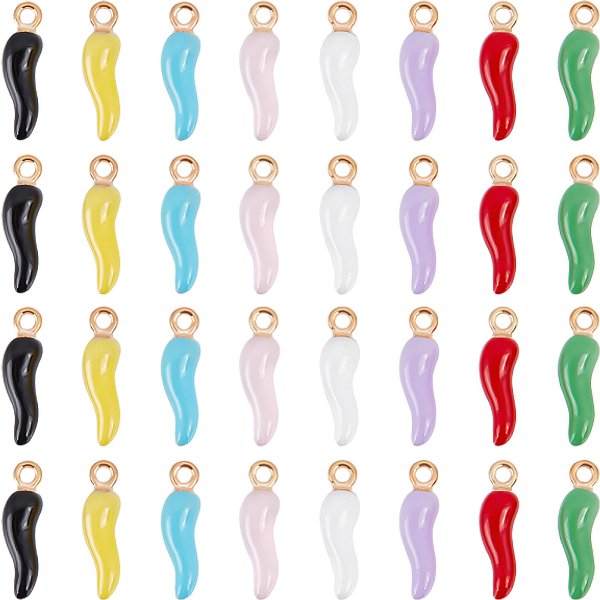 32 pz 8 colori ciondoli in lega di smalto, oro chiaro, caldo corno dell'abbondanza/ciondoli cornicello corno italiano, colore misto, 21x6x6mm, Foro: 2 mm, 4 pz / colore