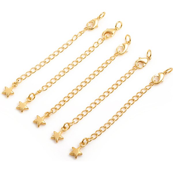 Brass Chain Extender, With Curb Chains And Lobster Claw Clasps, Long-Lasting Plated, Star, Real 14K Gold Plated, 73X3Mm, Clasp: 10X5.5X2.5Mm, Jump Ring: 5X1Mm, Inner Diameter: 3Mm-image