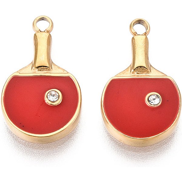 304 Stainless Steel Pave Crystal Rhinestone And Enamel Pendants, Ping Pong Table Tennis Bats, Ion Plating(Ip), Real 18K Gold Plated, Red, 16X9X2Mm, Hole: 1.5Mm-image
