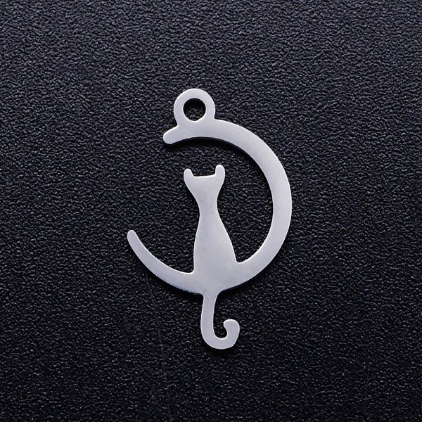 Pendentifs Chaton En Acier Inoxydable 201 Anti-Ternissement, Croissant De Lune En Forme De Chat, Couleur Inoxydable, 17.5X11X1Mm, Trou: 1.5Mm-image