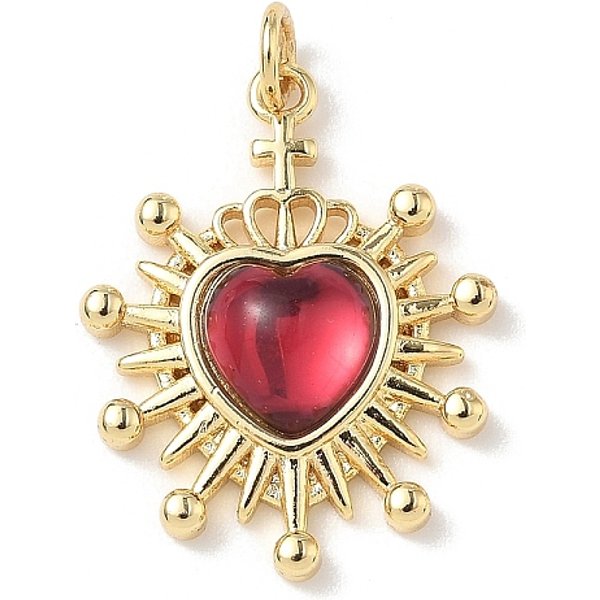 Herzanhänger aus Messing, mit Harz, cadmiumfrei und bleifrei, echtes 18k vergoldet, mit Sprungring, Medium violett rot, 25x19x5 mm, Bohrung: 1 mm