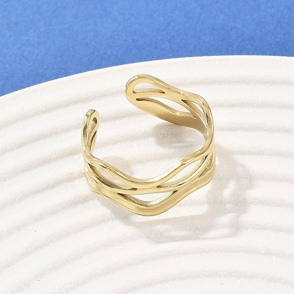 304 Stainless Steel Cuff Rings, Ion Plating(IP), Real 18K Gold Plated, 10mm