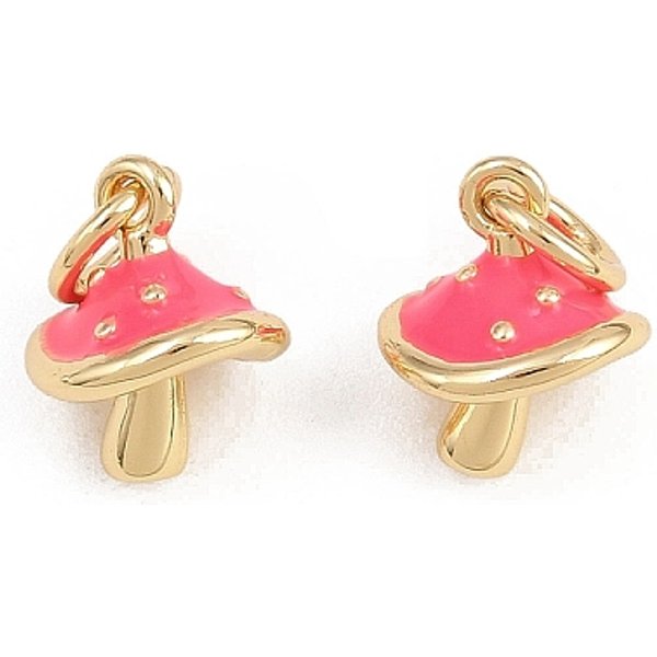 Brass Enamel Pendants, Mushroom Charms, Rack Plating, Cadmium Free & Lead Free, Long-Lasting Plated, with Jump Ring, Real 18K Gold Plated, 9x7.5x7mm, Hole: 3mm