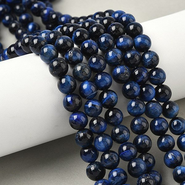 Grade B Natural Tiger Eye Beads Strands, Dyed, Round, Dark Blue, 8.5Mm, Hole: 1.2Mm, About 46-48Pcs/Strand, 14.76''(37.5Cm)-image