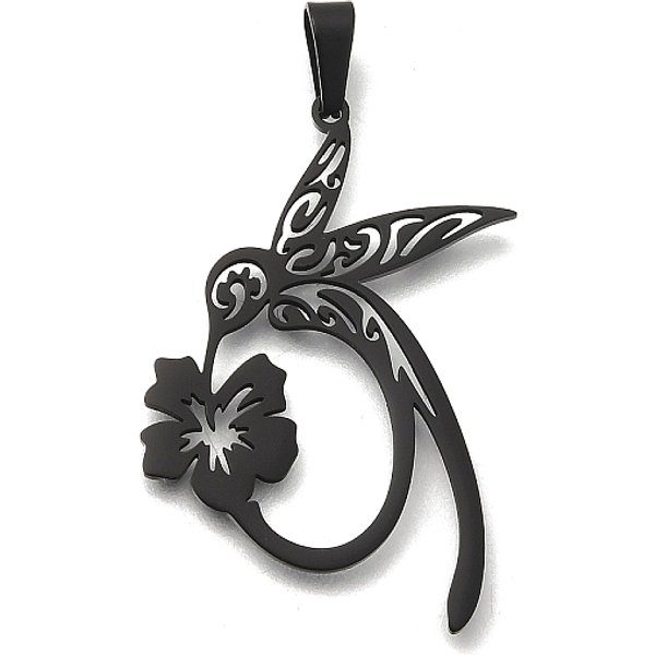 304 Stainless Steel Pendants, Hummingbird With Flower Charm, Ion Plating(Ip), Black, 36X22.5X1Mm, Hole: 4.5X2.5Mm-image